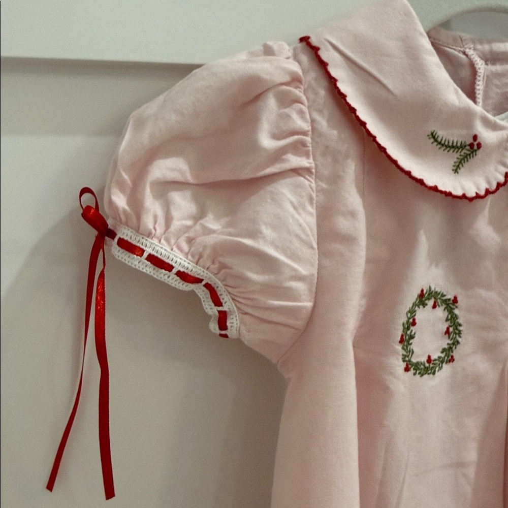 Lullaby Set Christmas Precious Memories Dress in Pink Batiste/Holly 12M - Picture 3 of 6